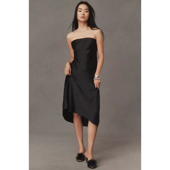 BHLDN Isla Dress Satin Strapless Midi Black Slip Sleeveless Anthropologie Sz L - Picture 1 of 12